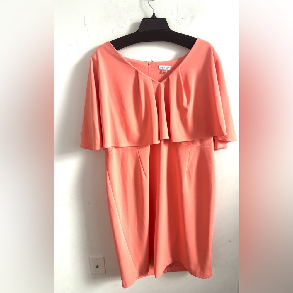 Calvin Klein Womens Dress Peach V-Neck 22W Cape Sheath Work to Dinner Elegant - Picture 2 of 10